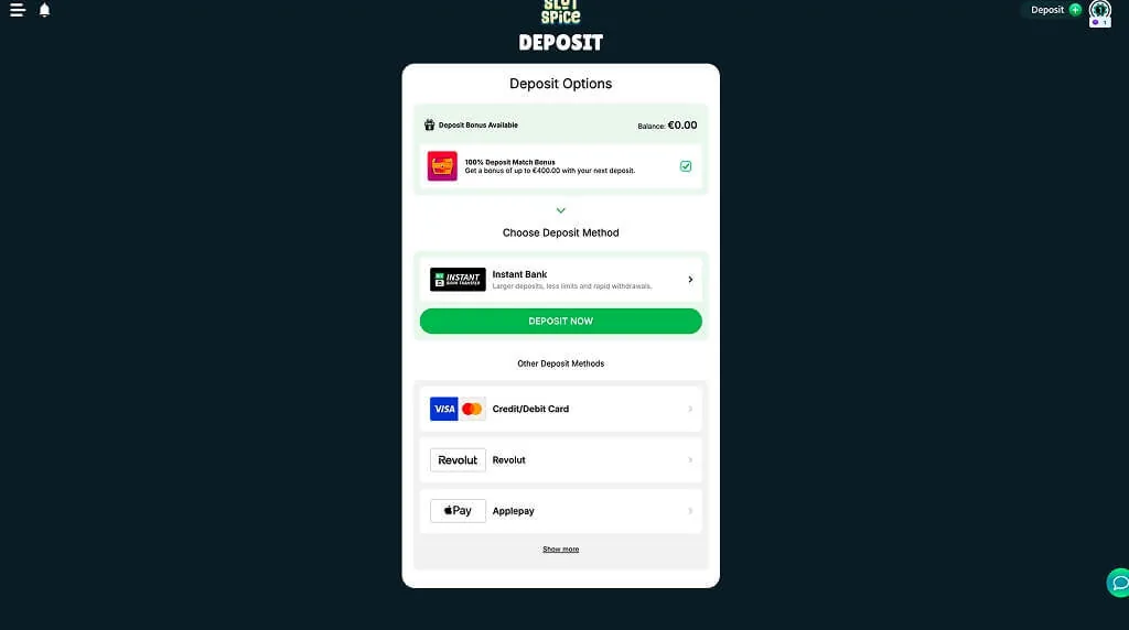 Slotspice deposit step offering Instant Bank, card, Revolut and Apple Pay