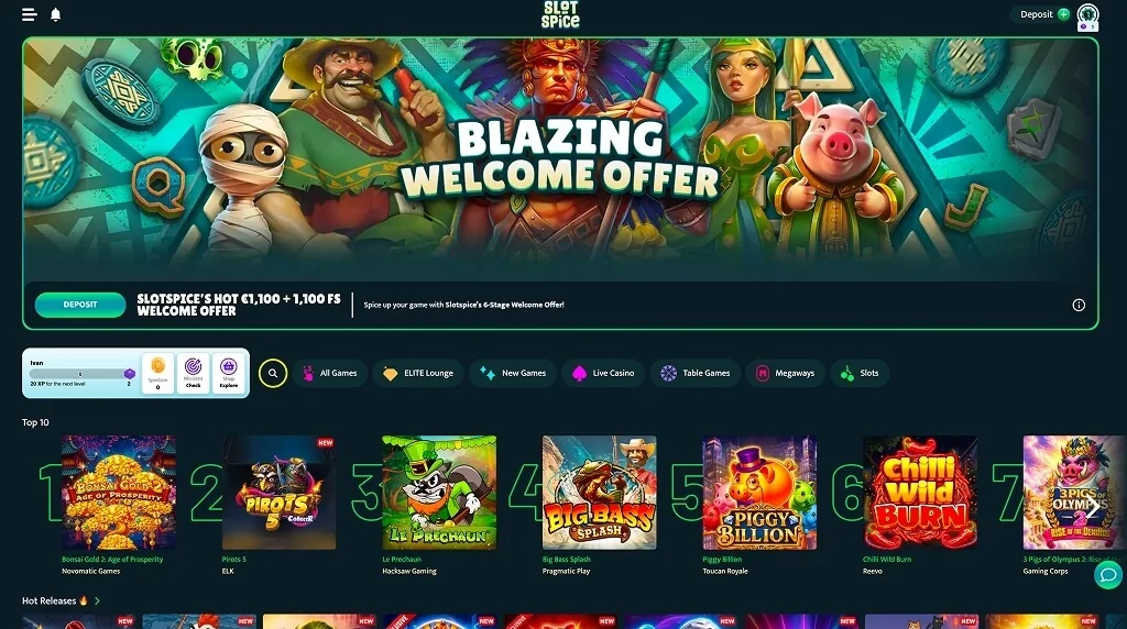 Slotspice lobby med en top 10, der indeholder Pirots 5 fra ELK Studios og Big Bass Splash fra Pragmatic Play